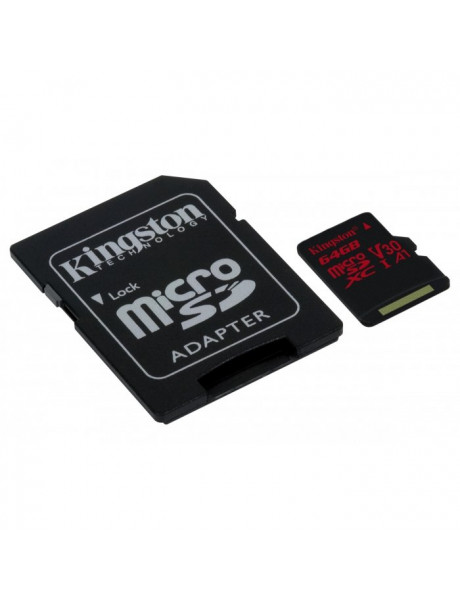 ATM. KORTĖLĖ KINGSTON microSDXC Canvas React 64GB 100R/80W U3 UHS-I V30 A1 Card + SD Adapter