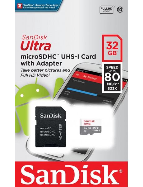 Atminties kortelė SanDisk Ultra Light microSDHC + SD Adapter 32GB 100MB/s Clas