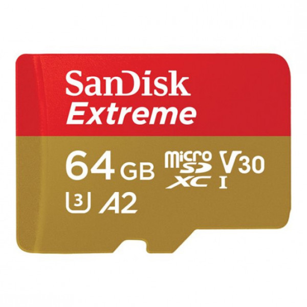 ATMINTIES KORTELĖ SANDISK Extreme microSDXC 64GB + SD Adapter 160MB/s A2 C10 V30 UHS-I U3 509678