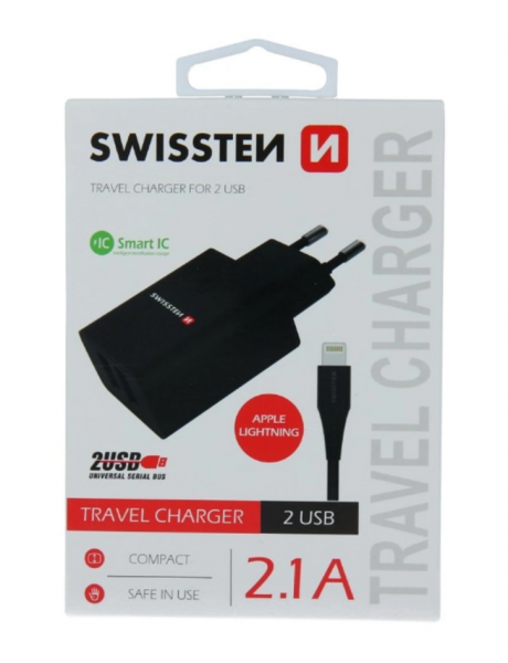Swissten Smart IC Travel Charger 2x USB 2.1A with Lightning (MD818) Cable 1.2 m Black