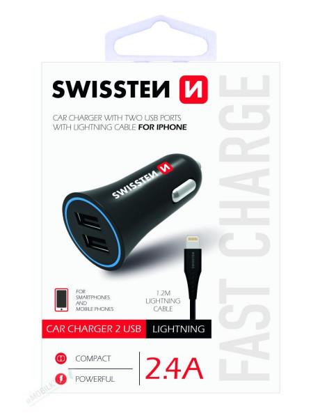 Swissten Premium Car charger 12 / 24V / 1A + 2.1A + Lightning Data Cable 100 cm Black