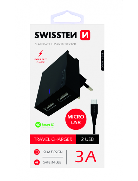SWISSTEN PREMIUM
TRAVEL CHARGER USB
2.1A / 10.5W WITH MICRO
USB CABLE 120 CM BLACK