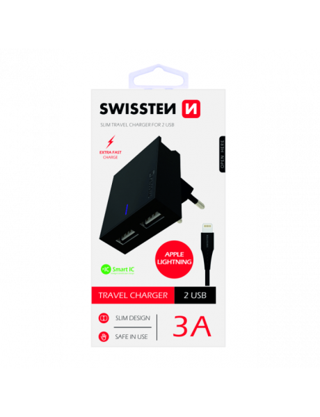 SWISSTEN PREMIUM
TRAVEL CHARGER USB 3? /
15W WITH LIGHTNING
(MD818) CABLE 120 CM
BLACK