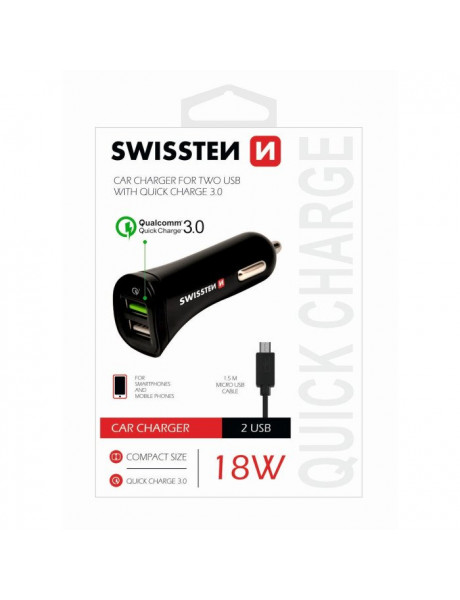 SWISSTEN PREMIUM
QUICK CHARGE 3.0 CAR
CHARGER 12 / 24V / 2.4A /
18W + MICRO USB CABLE
1.5 M BLACK