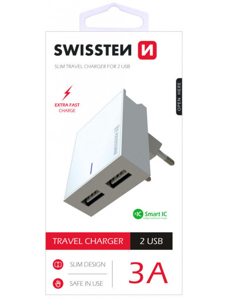 Sieninis kroviklis Swissten Premium Travel Charger USB 3? / 15W White SW-3A15W-WH