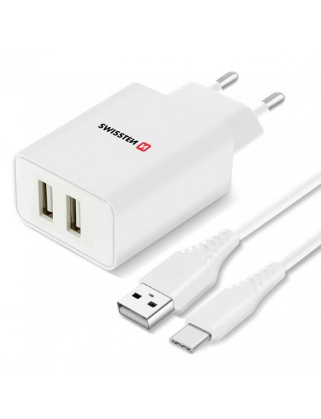 Swissten Smart IC Travel Charger 2x USB 2.1A with USB-C Cable 1.2 m White