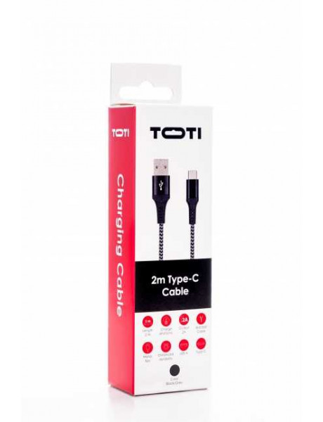Kabelis SEEK TOTI USB A to Type-C, 2m Braided Cable 2A, Black/Space grey