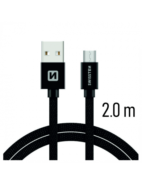 SWISSTEN TEXTILE QUICK CHARGE UNIVERSAL MICRO
USB DATA AND CHARGING CABLE 2.0M BLACK
