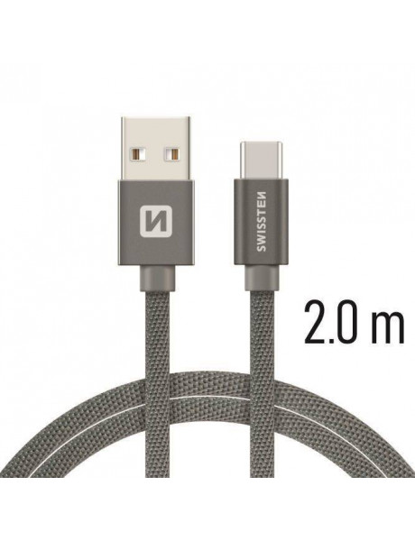 SWISSTEN TEXTILE UNIVERSAL QUICK CHARGE 3.1USB-C DATA AND CHARGING CABLE 2M GREY
