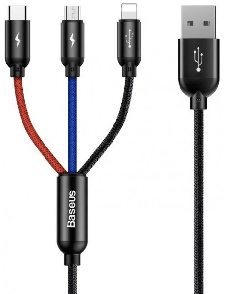 Kabelis USB2.0 A kištukas ir 3 kištukai (USB C, micro USB, lightning), skirtas skirtingų įrenginių k