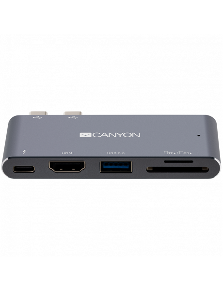 CNS-TDS05DG CANYON DS-5 Multiport Docking Station with 5 port, with Thunderbolt 3 Dual type C male port, 1*Thunderbolt 3 female+1*HDMI+1*USB3.0+1*SD+1*TF. Input 100-240V, Output USB-C PD100W&USB-A 5V/1A, Aluminium alloy, Space gray, 90*41*11mm, 0.04kg