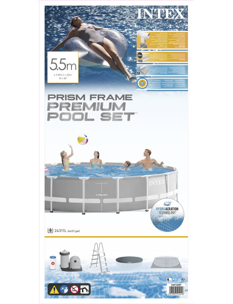 Intex Prism Frame Premium Pool Set withFilter Pump, Safety Ladder, Ground Cloth, Cover Grey, Age 6+, 549x122 cm
