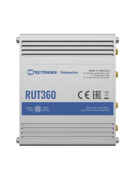 Teltonika Industrial Cellular Router RUT360 LTE CAT6 	1 x LAN ports, 10/100 Mbps, compliance with IEEE 802.3, IEEE 802.3u standards, supports auto MDI/MDIX crossover Mbit/s, Ethernet LAN (RJ-45) ports 2 x RJ45 ports, 10/100 Mbps, Mesh Support No, MU-MiMO 