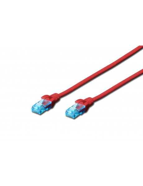 Digitus | Patch cord | CAT 5e U-UTP | PVC AWG 26/7 | 0.5 m | Red | Modular RJ45 (8/8) plug | Boots with kink protection, strain relief and latch protection