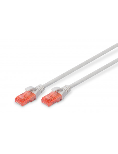 Digitus | Patch cord | CAT 6 U-UTP | PVC AWG 26/7 | 1 m | Grey | Modular RJ45 (8/8) plug | Transparent red colored plug for easy identification of Category 6 (250 MHz)