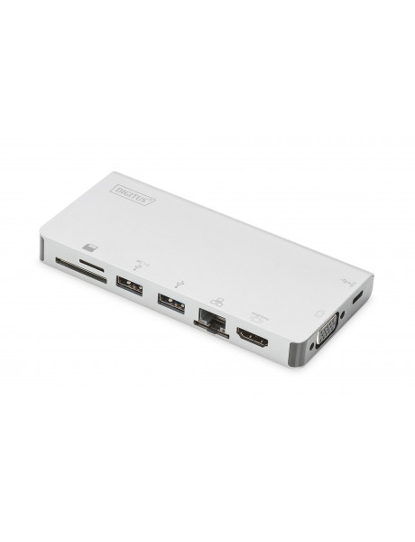 Digitus USB-C Multiport Travel Dock 	DA-70866 Docking station Ethernet LAN (RJ-45) ports 1 VGA (D-Sub) ports quantity 1 USB 3.0 (3.1 Gen 1) ports quantity 2 HDMI ports quantity 1 Warranty 24 month(s)