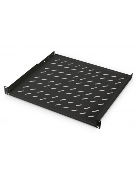 Digitus | 1U Fixed Shelf for Racks | DN-19 TRAY-1-400-SW | Black | The shelves for fixed mounting can be installed easy on the two front 483 mm (19“) profile rails of your 483 mm (19“) network- or server cabinet. Due to their stable, perforated steel shee