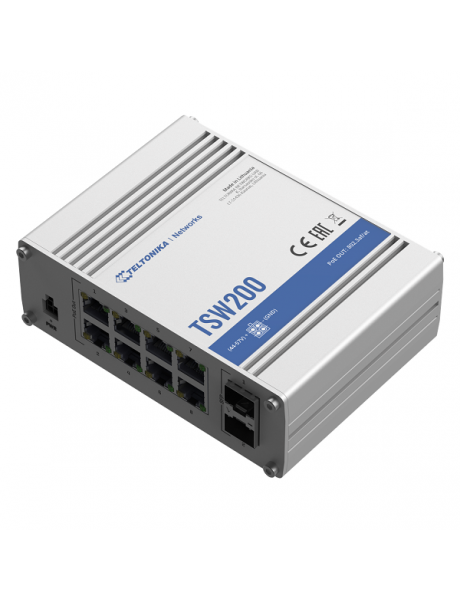 Teltonika Ethernet Switch TSW200 Unmanaged, Desktop, 1 Gbps (RJ-45) ports quantity 8, SFP ports quantity 2, PoE ports quantity 8, Total PoE Power Budget (at PSE): 240 W, PoE Max Power per Port (at PSE): 30W, IP30, Full aluminum housing, ADAPTER NOT INCLUD
