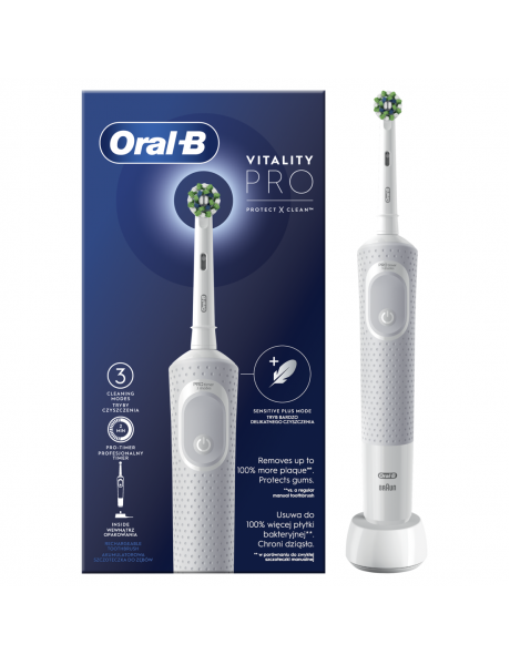 Oral-B Electric Toothbrush D103 Vitality Pro Rechargeable, For adults, Number of brush heads included 1, White, Number of teeth brushing modes 3
