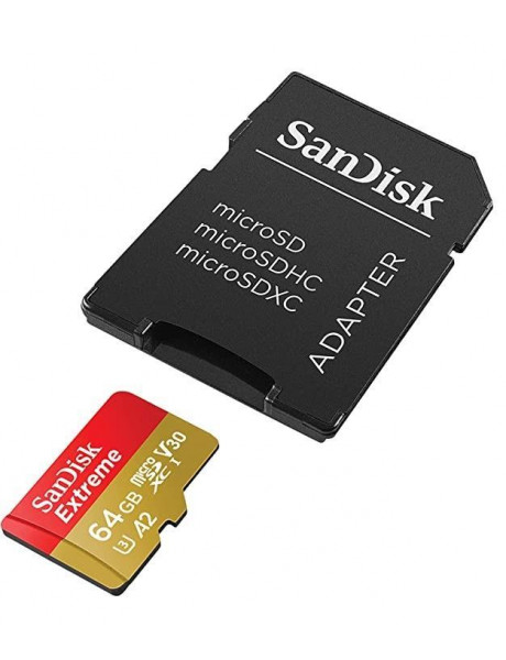 SDSQXAH-064G-GN6AA SanDisk Extreme microSDXC 64GB for Action Cams and Drones + SD Adapter + 1 year RescuePRO Deluxe up to 170MB/s & 80MB/s Read/Write speeds A2 C10 V30 UHS-I U3, EAN: 619659193386