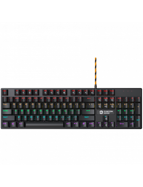 CND-SKB4-US Wired black Mechanical keyboard With colorful lighting system104PCS rainbow backlight LED,also can custmized backlight,1.8M braided cable length,rubber feet,English layout double injection,Numbers 104 keys,keycaps,0.7kg, Size 429*124*35mm