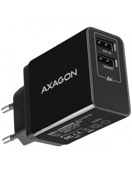 ACU-DS16 Axagon Dual wall charger <240V / 2x port 5V-2.2A + 5V-1A. 16W total power.