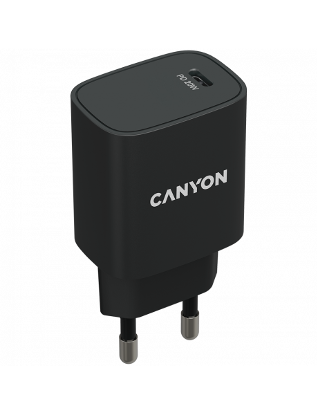 CNE-CHA20B02 CANYON H-20, PD 20W Input: 100V-240V, Output: 1 port charge: USB-C:PD 20W (5V3A/9V2.22A/12V1.67A) , Eu plug, Over- Voltage ,  over-heated, over-current and short circuit protection Compliant with CE RoHs,ERP. Size: 80*42.3*30mm, 55g, Black