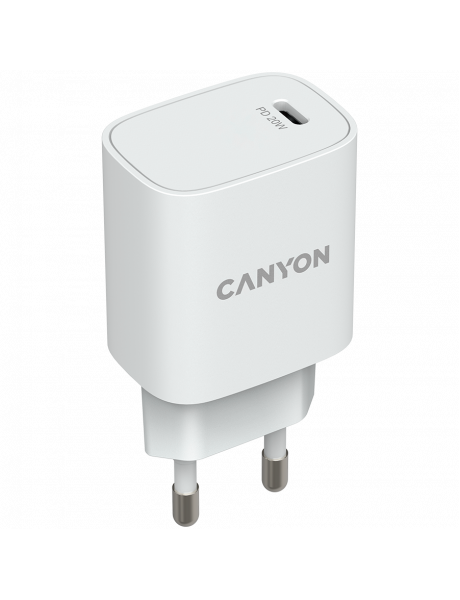 CNE-CHA20W02 CANYON H-20, PD 20W Input: 100V-240V, Output: 1 port charge: USB-C:PD 20W (5V3A/9V2.22A/12V1.67A) , Eu plug, Over- Voltage ,  over-heated, over-current and short circuit protection Compliant with CE RoHs,ERP. Size: 80*42.3*30mm, 55g, White