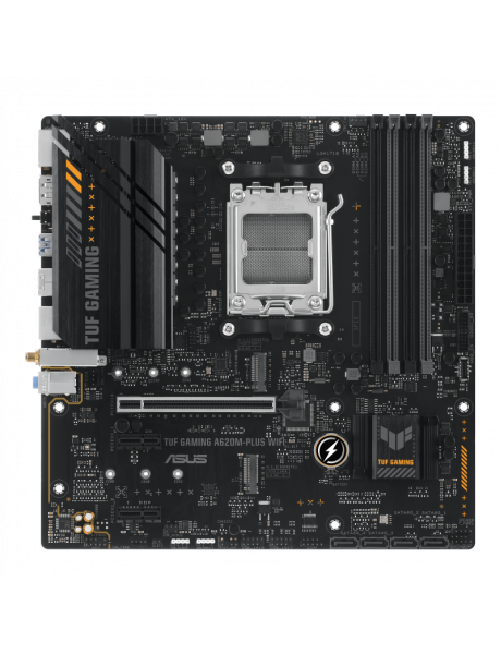 Asus | TUF GAMING A620M-PLUS WIFI | Processor family AMD | Processor socket AM5 | DDR5 DIMM | Memory slots 4 | Supported hard disk drive interfaces 	SATA, M.2 | Number of SATA connectors 4 | Chipset AMD A620 | Micro-ATX