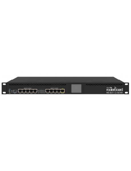 Mikrotik Wired Ethernet Router RB3011UiAS-RM, 1U Rackmount, Dual Core 1.4GHz CPU, 1GB RAM, 128 MB, 10xGigabit LAN, 1xSFP, 1xSerial console port, PoE out on port 10, USB, Touchscreen LCD Panel, PCB temperature and Voltage Monitor, IP20, RouterOS Level5 Mik