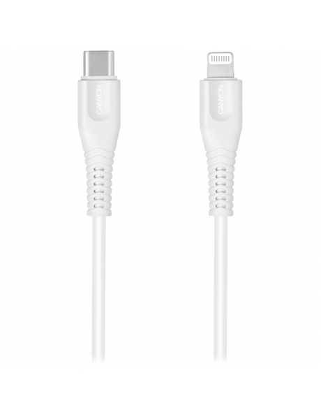 CNS-MFIC4W CANYON MFI-4, Type C Cable To MFI Lightning for Apple, PVC Mouling,Function: with full feature( data transmission and PD charging) Output:5V/2.4A, OD:3.5mm, cable length 1.2m, 0.026kg,Color:White