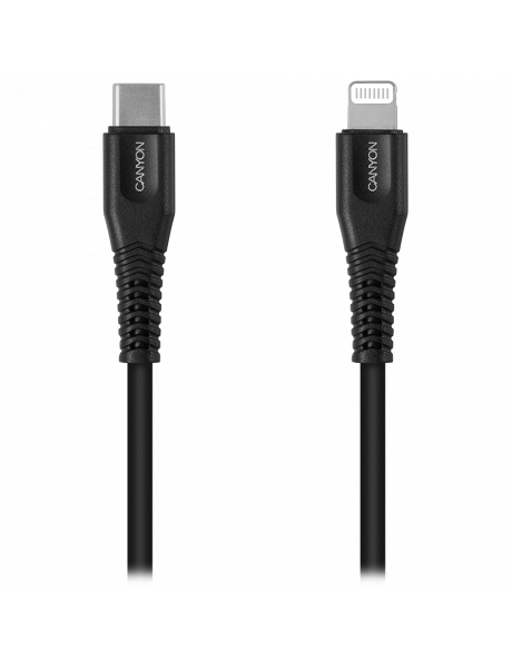 CNS-MFIC4B CANYON MFI-4, Type C Cable To MFI Lightning for Apple, PVC Mouling,Function：with full feature( data transmission and PD charging) Output:5V/2.4A , OD:3.5mm, cable length 1.2m, 0.026kg,Color:Black