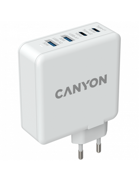 CND-CHA100W01 CANYON H-100, GAN 100W charger  Input:  100V-240V Output: USB-C1/C2: 5V 3A , 9V 3A , 12V 3A , 15V 3A , 20V 5A  USB-A 1/A2: 4.5V/5A, 5V/4.5A, 9V/3A, 12V/2.5A,  20V/1.5A  C1+C2 : 65W + 30W； C1+A1 : 65W + 30W ； C1+A2 : 65W + 30W ；C1+A1+A2 : 65W