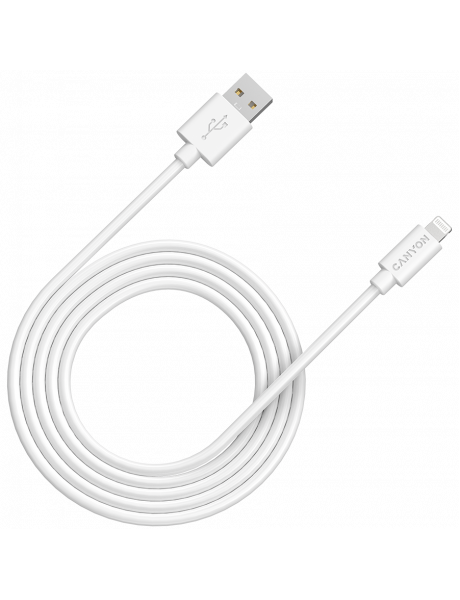 CNS-MFIC12W CANYON MFI-12, Lightning USB Cable for Apple , round, PVC, 2M, OD:4.0mm, Power+signal wire: 21AWG*2C+28AWG*2C,  Data transfer speed:26MB/s, White.  With shield , with CANYON logo and CANYON package.  Certification: ROHS, MFI.