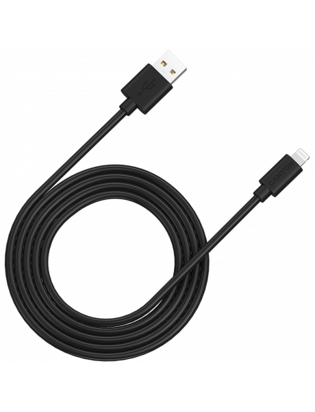 CNS-MFIC12B CANYON MFI-12, Lightning USB Cable for Apple (C48), round, PVC, 2M, OD:4.0mm, Power+signal wire: 21AWG*2C+28AWG*2C,  Data transfer speed:26MB/s, Black.  With shield , with CANYON logo and CANYON package.  Certification: ROHS, MFI.