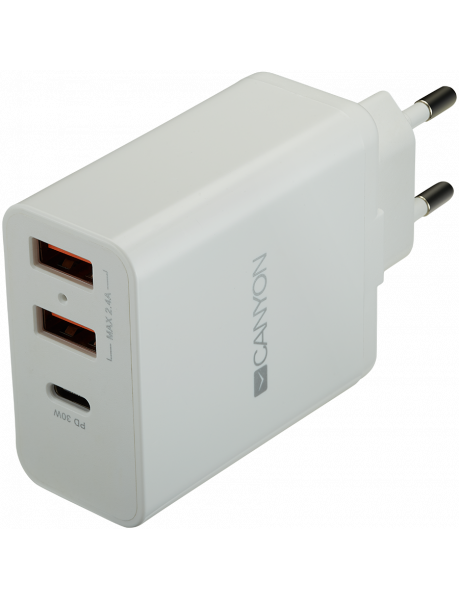 CNE-CHA08W CANYON H-08 Universal 3xUSB AC charger (in wall) with over-voltage protection(1 USB-C with PD Quick Charger), Input 100V-240V, OutputUSB-A/5V-2.4A+USB-C/PD30W, with Smart IC, White Glossy Color+ orange plastic part of USB, 96.8*52.48*28.5mm, 0.