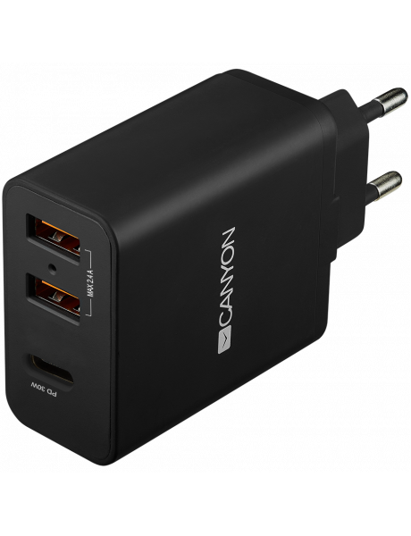 CNE-CHA08B CANYON H-08, Universal 3xUSB AC charger (in wall) with over-voltage protection(1 USB-C with PD Quick Charger), Input 100V-240V, Output USB-A/5V-2.4A+USB-C/PD30W, with Smart IC, Black Glossy Color+orange plastic part of USB, 96.8*52.48*28.5mm, 0