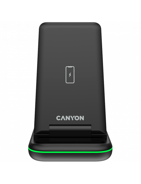 CNS-WCS304B CANYON WS-304, Foldable  3in1 Wireless charger, with touch button for Running water light, Input 9V/2A,  12V/1.5AOutput 15W/10W/7.5W/5W, Type c to USB-A cable length 1.2m, with QC18W EU plug,132.51*75*28.58mm, 0.168Kg, Black