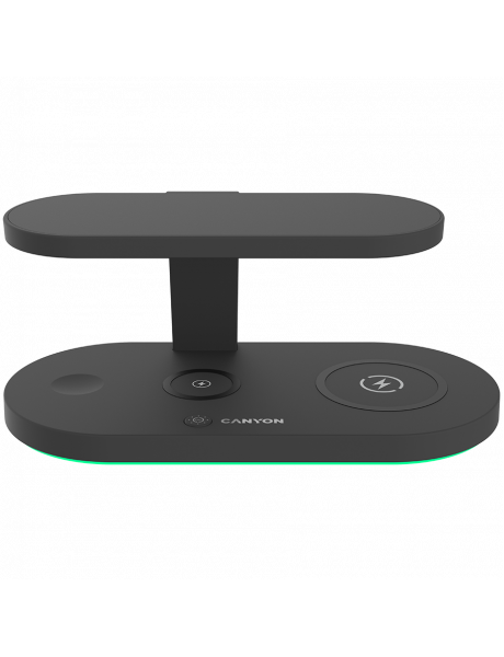 CNS-WCS501B CANYON WS-501 5in1 Wireless charger, with UV sterilizer, with touch button for Running water light, Input QC36W or PD30W, Output 15W/10W/7.5W/5W, USB-A 10W(max), Type c to USB-A cable length 1.2m, 188*90*81mm, 0.249Kg, Black