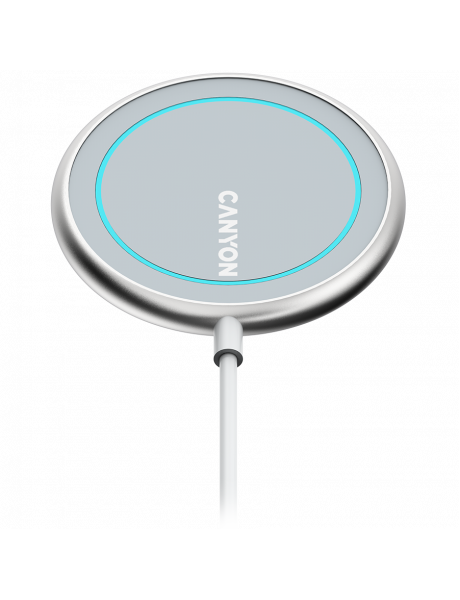 CNS-WCS100 CANYON WS-100 Wireless charger, Input 9V/2A, 9V/2.7A, 12V/2A, Output 15W/10W/7.5W/5W, Type c cable length 1.5m, Acrylic surface+Aluminium alloy edge, 59*59*7mm, 0.06Kg, Silver