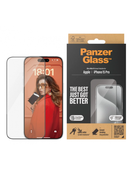 PanzerGlass | Screen protector | Apple | iPhone 15 Pro | Glass | Clear | Easy installation; Fingerprint resistant; Anti-yellowing | Ultra-Wide Fit