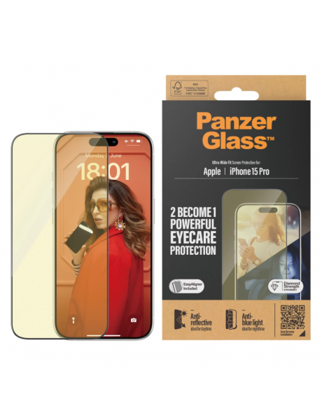 PanzerGlass | Screen protector | Apple | iPhone 15 Pro | Glass | Clear | Ultra-Wide Fit; Easy installation; Fingerprint resistant; Anti-blue light; Anti-reflective; Anti-yellowing | Eyecare
