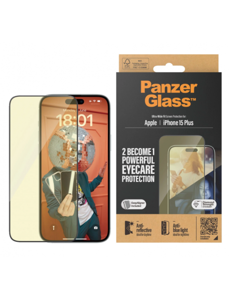 PanzerGlass | Screen protector | Apple | iPhone 15 Plus | Glass | Clear | Ultra-Wide Fit; Easy installation; Fingerprint resistant; Anti-blue light; Anti-reflective; Anti-yellowing | Eyecare