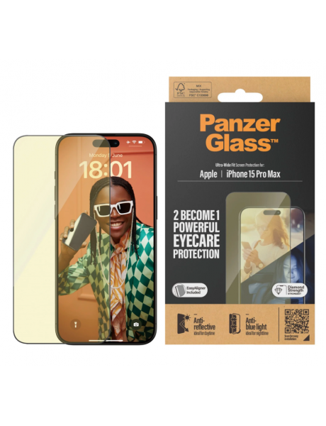 PanzerGlass | Screen protector | Apple | iPhone 15 Pro Max | Glass | Clear | Ultra-Wide Fit; Easy installation; Fingerprint resistant; Anti-blue light; Anti-reflective; Anti-yellowing | Eyecare