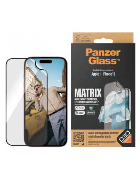 PanzerGlass | Screen protector | Apple | iPhone 15 | Recycled plastic | Transparent | Ultra-Wide Fit; Easy installation; Fingerprint resistant; Anti-yellowing; Touch sensitivity | MATRIX with D3O