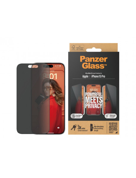 PanzerGlass Screen protector Apple iPhone 15 Pro Glass Black Ultra-Wide Fit w. EasyAligner
