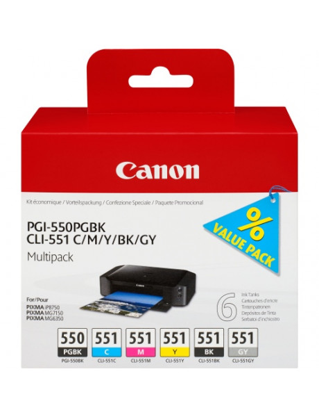 Canon PGI-550/CLI-551 (6496B005) 6 kasečių komplektas rašaliniams spausdintuvams, PGBK/C/M/Y/BK/GY