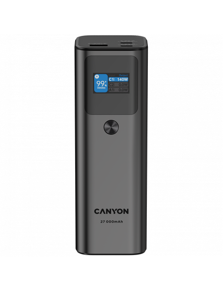 CNE-CPB2010DG CANYON PB-2010, allowed for air travel power bank 27000mAh/97.2Wh Li-poly battery, in/out:2xUSB-C PD3.1 140W, out:USB-A QC 3.0 22.5W,TFT display,Dark Grey